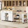 Kitchen island with pull-out worktop, 136(223)x50x93cm mobile kitchen island with 3 drawers, wine rack, socket with USB and 7 casters, white/oak