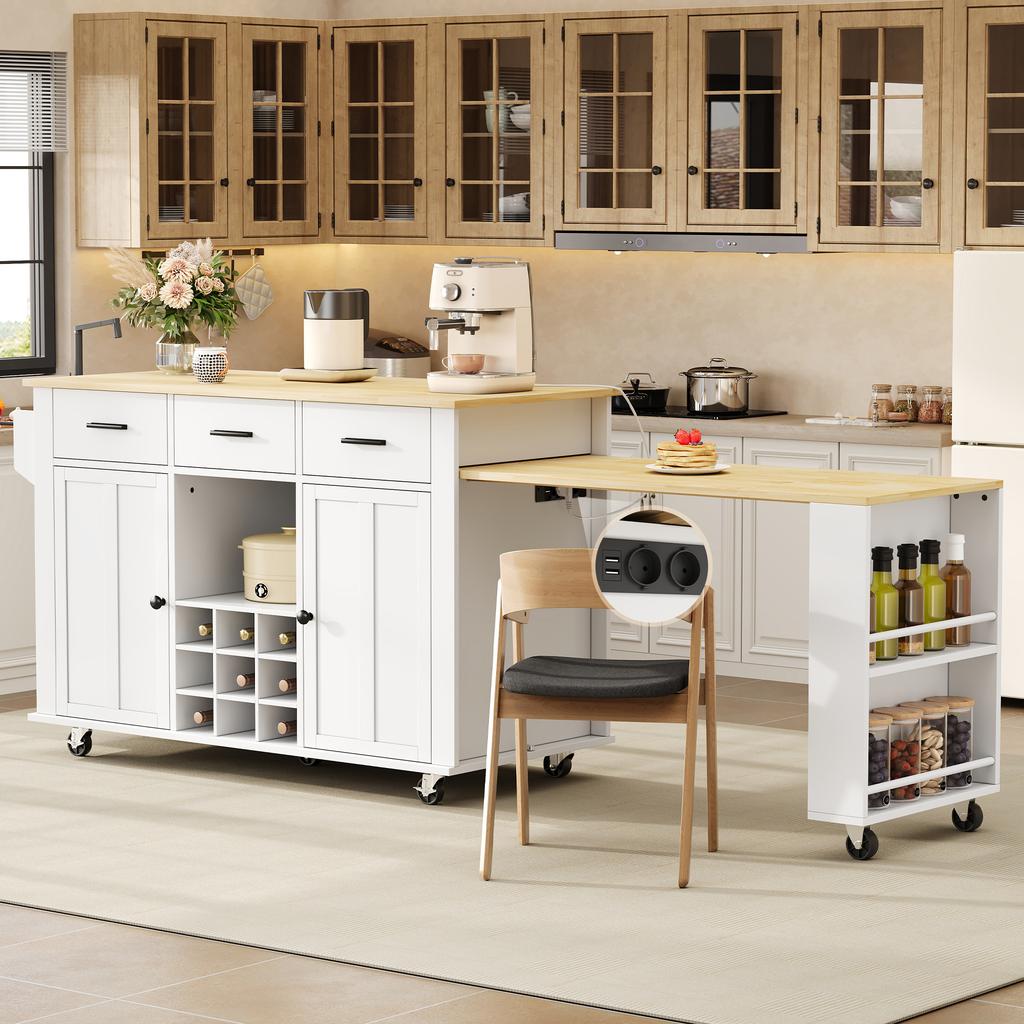Kitchen island with pull-out worktop, 136(223)x50x93cm mobile kitchen island with 3 drawers, wine rack, socket with USB and 7 casters, white/oak