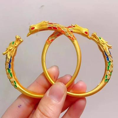 Gold Color China-Chic Ancient Enamel Dragon Phoenix Auspicious Opening Bracelet