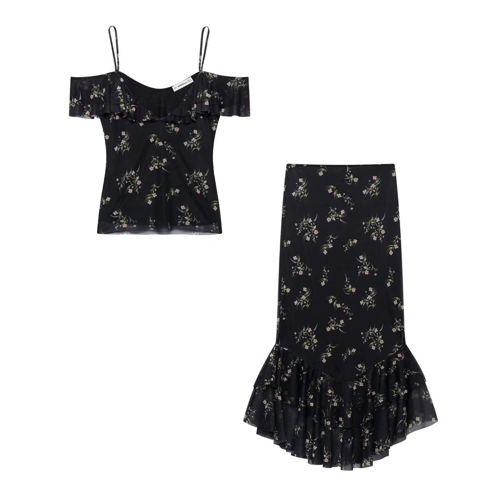 

2025 Summer Silk Screen Print Top + High-Waisted Midi Skirt Set XS