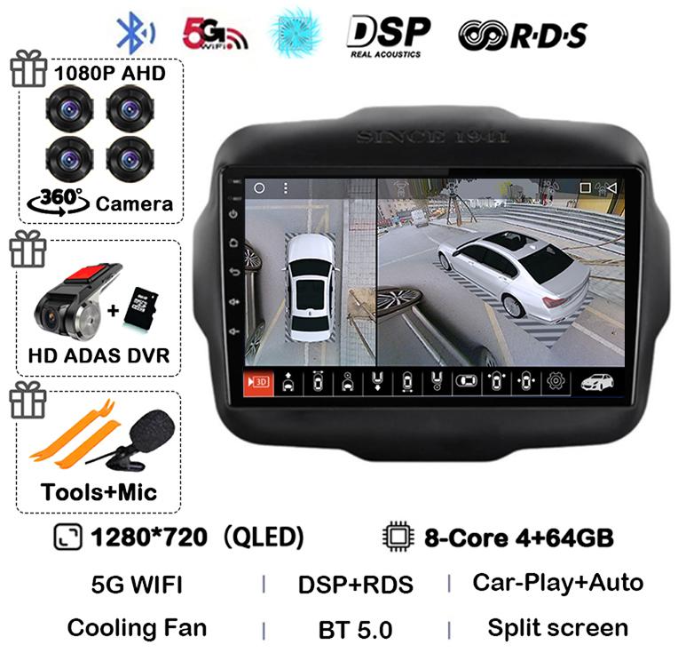 Android 14 Auto Carplay WIFI+4G LTE Car Radio For Jeep Renegade 2016 2017 2018 2019 2020 Multimedia Player GPS Stereo 360 Camera