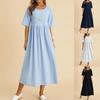 Loose Women Hemp Cotton Dress Medium Length Large Size Round Neck Half Sleeve