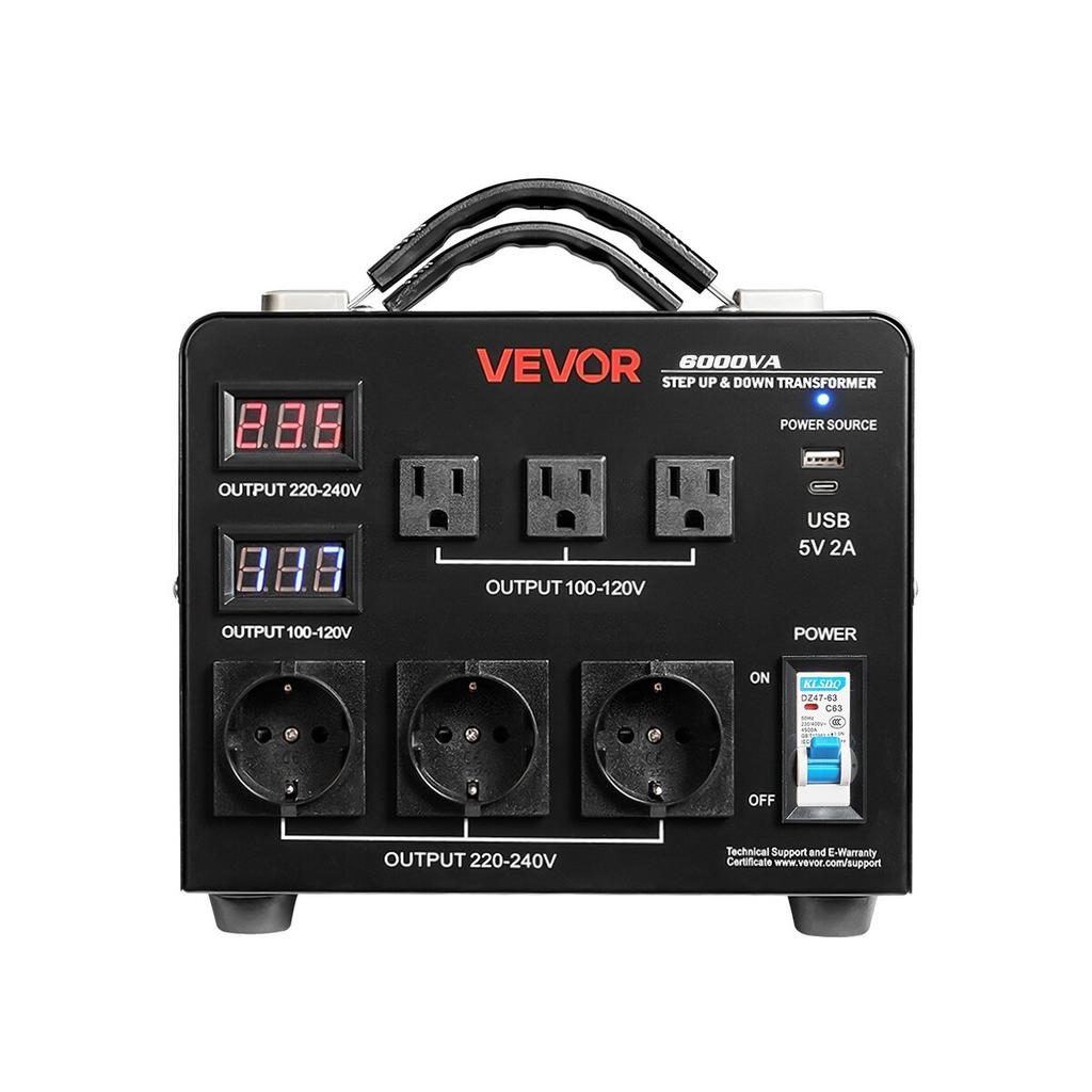 Spanning Automatische Converter Transformator, 6000VA, Heavy Duty Stap Omhoog/Omlaag Stroomtransformator, 110V naar 220V en 220V naar 110V, met 3 Amerikaanse Stopcontacten, 3 EU Stopcontacten,