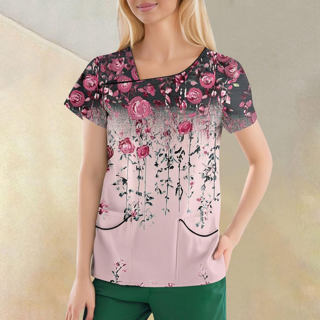 Women's Casual  Print Short Sleeve Sloping Collar Workwear Top With Double Pockets