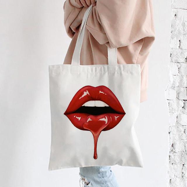 Red Lips Canvas Shoulder Tote Bag For Women Casual Fashion Shopping Bag Large Capacity Handbag Party Travel Orange Best Gifts