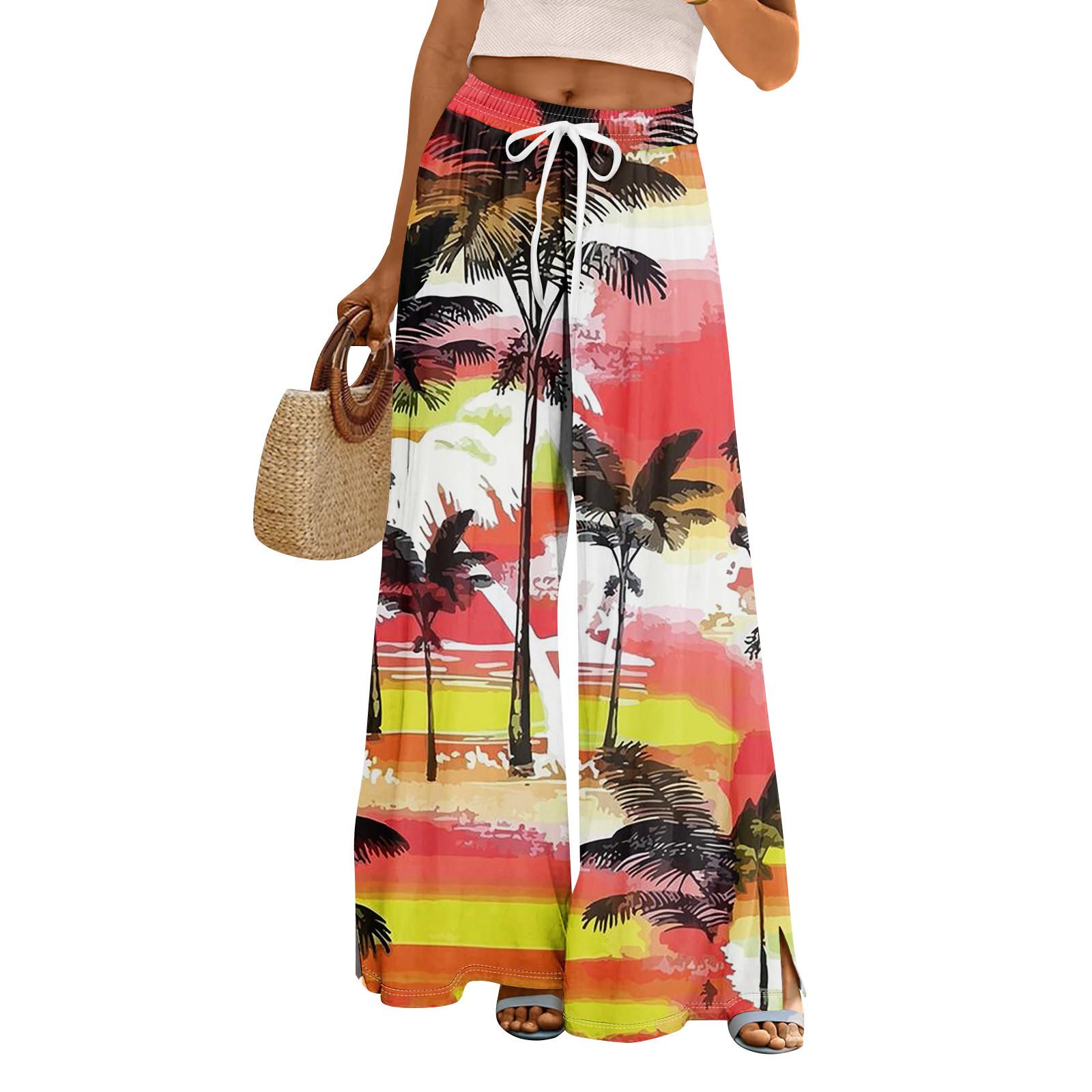 

Женские летние брюки-палаццо в стиле бохо с высокой талией, широкие повседневные брюки с карманами XL арбуз красный