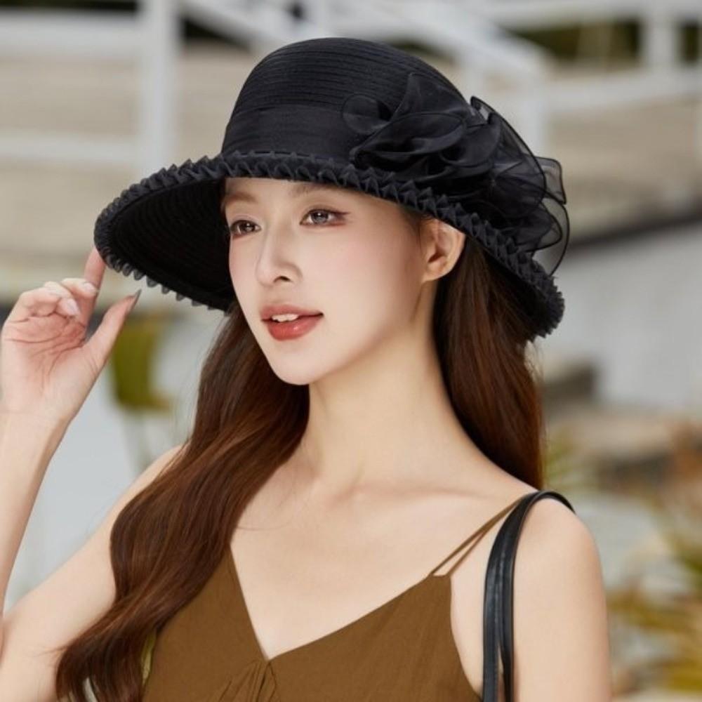 Fashion Organza Women'S Sun Hat Summer Uv Resistant Bucket Hat Floral Design Large Brim Basin Hat Outings Cool Hat