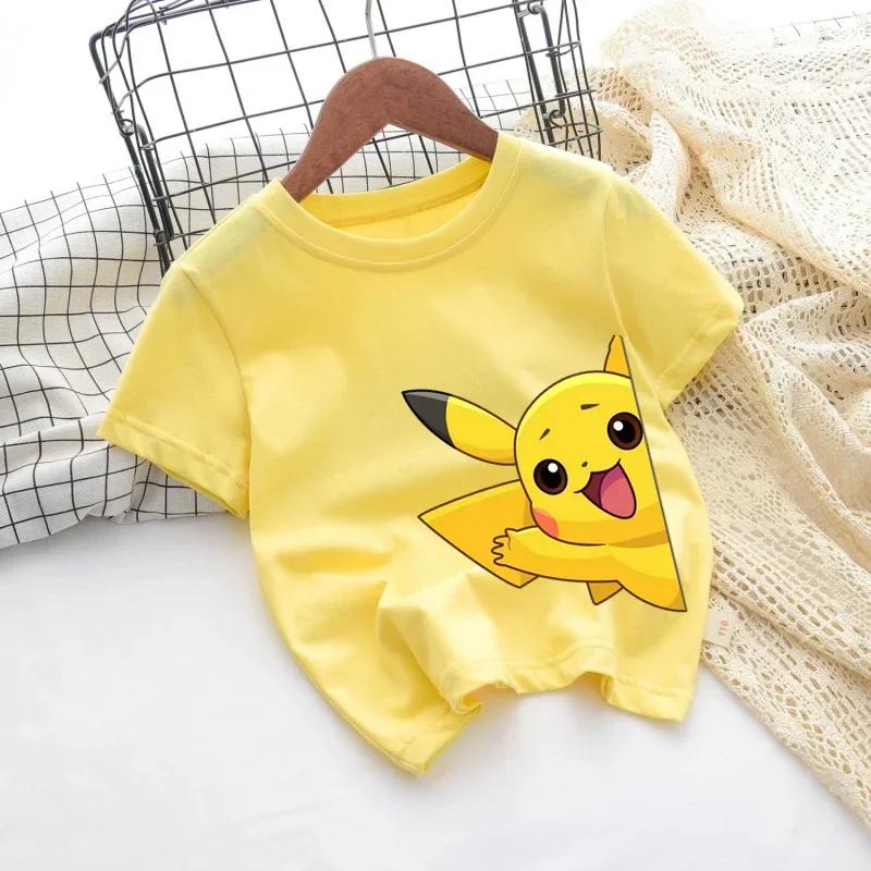 Pokemon Pikachu Cartoon Boys Girls T-shirt Short-sleeved Cotton O-neck T-shirt Casual Clothes Oversized Kids/Adult Tops