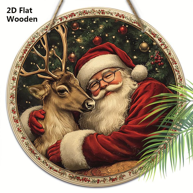 

Классическая деревянная рождественская табличка с Санта-Клаусом и оленями - Круглая табличка Navidad для декора на входную дверь или стену - Идеальный рождественский подарок 20cm/7.87in красный
