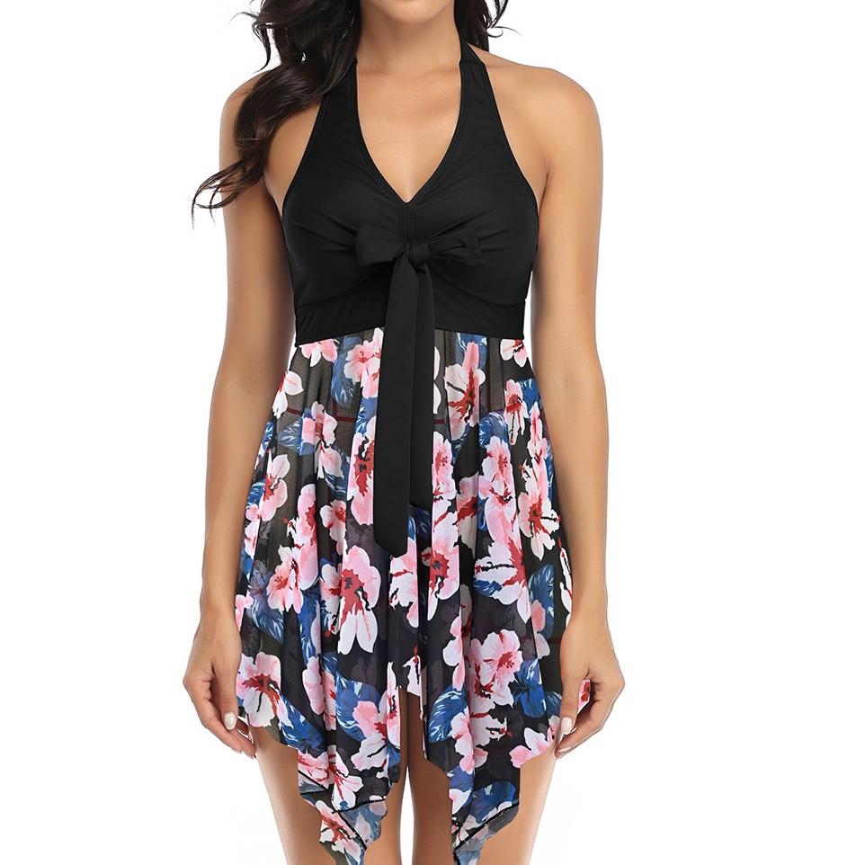 Damenmode Plus Size Cross Tie Mesh Rock Split Bikini Blumendruck Badeanzug