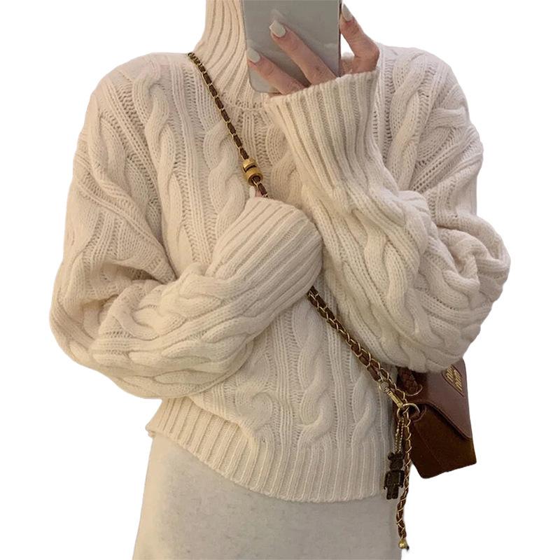 Women's High-Neck Wool Sweater - 100% Pure Wool, Cable Knit, Thick, Fashionable, Elegant Cashmere Base Layer Knitwear
