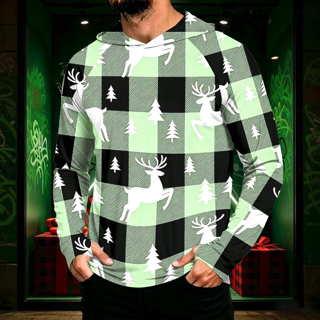 Men's Long Sleeve Hooded Sun Shirt with Christmas Print