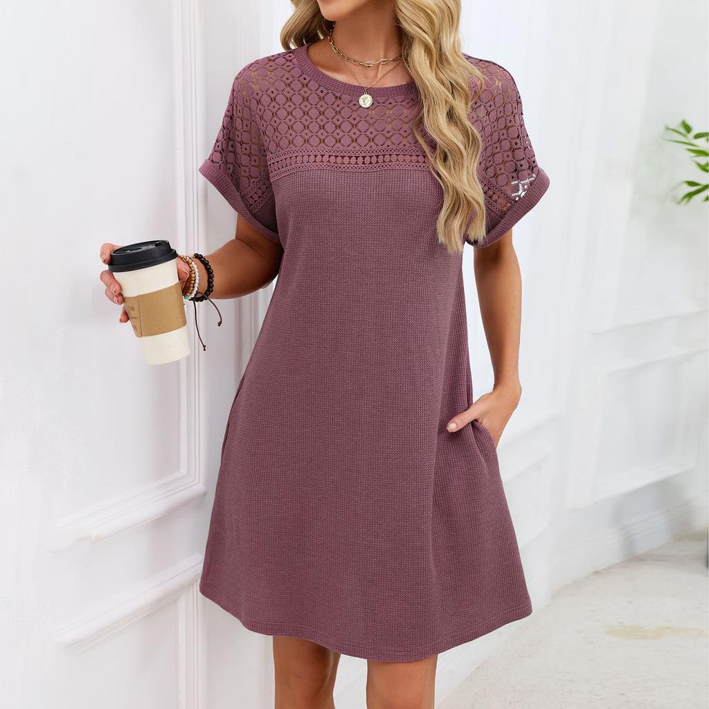 Damen Modisches Farbblock Rundhals Spitzen-Patchwork Locker Kurzärmeliges Kleid