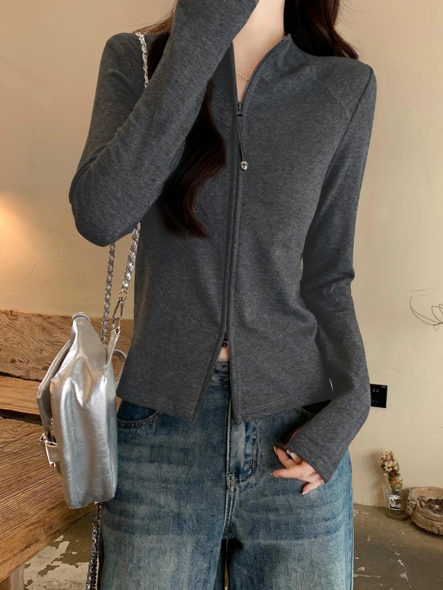 Women s Slimming Double Zipper Fleece Stand Collar Long Sleeve Top S темно-серого