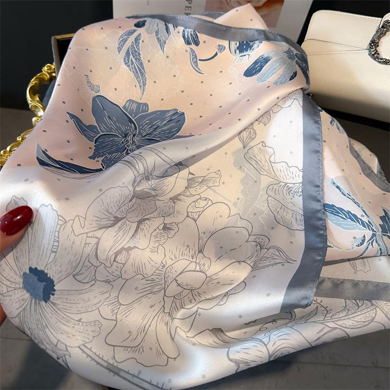 Elegant Colorblocked Floral Shawl Square Scarf for Women Satin Wraps Neckerchief Female Hair Bands Ribbon Headband Bandana