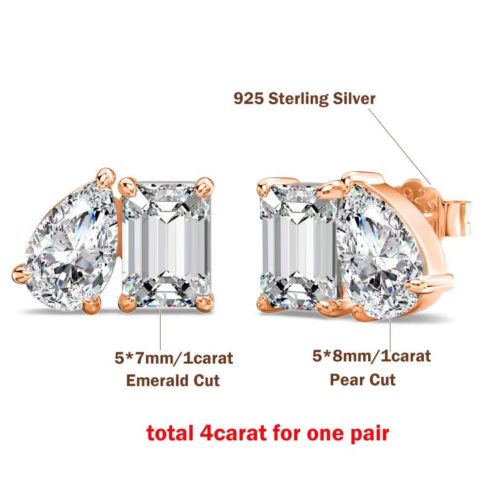 

4cttw Radiant/Emerald&Pear Cut Moissanite Stud Earring with 2Diamond Ear Studs for Women Wedding S925 Silver Jewelry Zircon(no gra)
