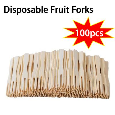 100PCS Bamboo Disposable Wooden Fruit Fork Fruit Toothpick Dessert Fork Set Party Home Tableware Supplies Disposable Forks SGC02