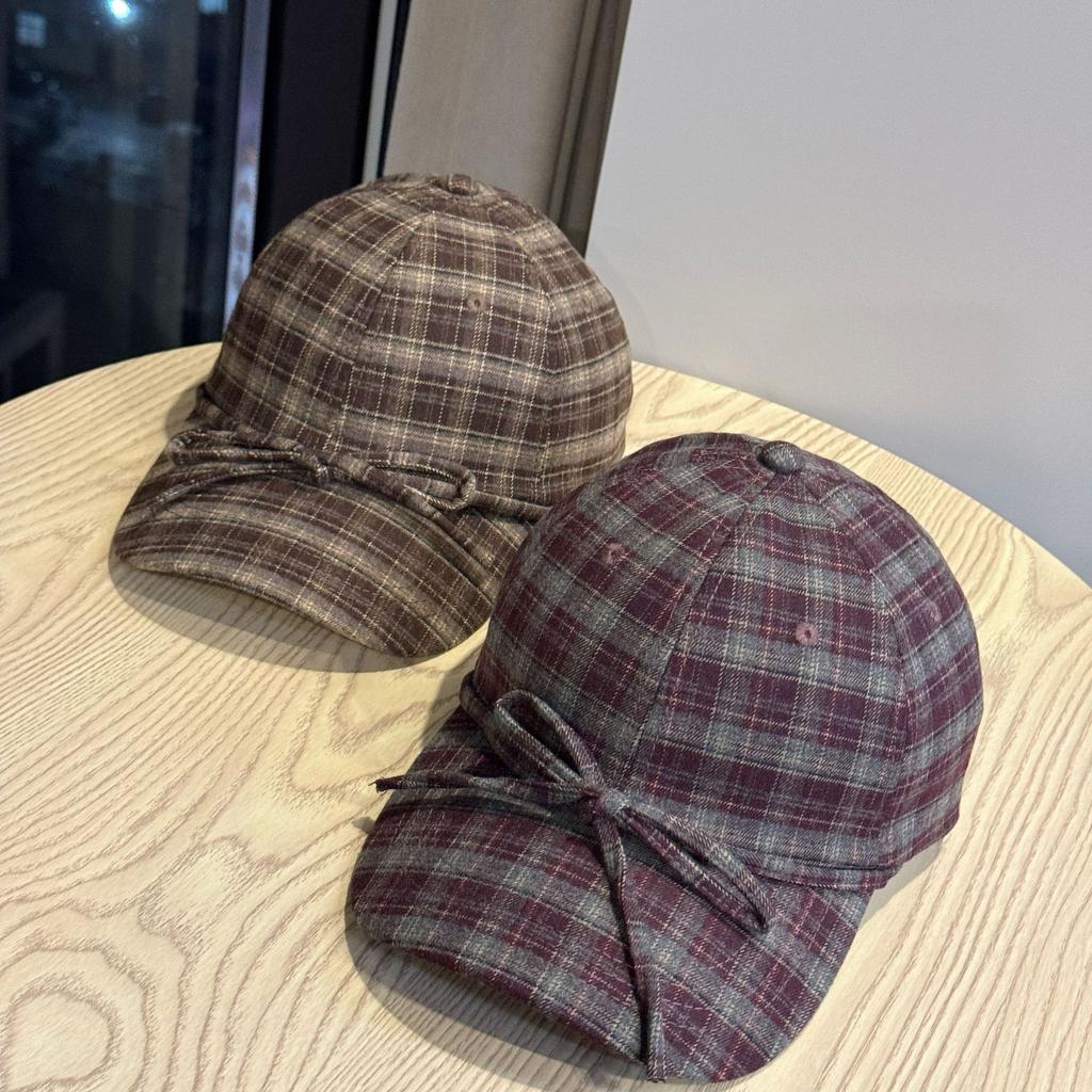 New Autumn and Winter All Match Striped Plaid Soft Top Woolen Baseball Hat for Women Cute Bow Tie Rope Peaked Hat Trendy