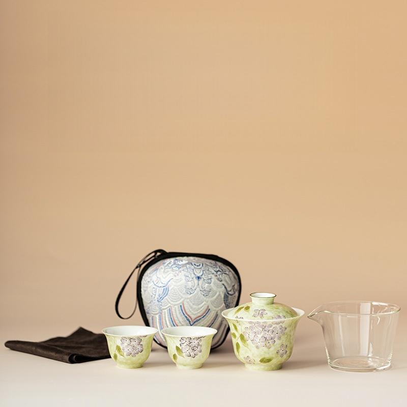 

Pure Hand Drawn Flowers Travel Tea Set 1Pot 3Cups 1Chahai Portable Kuaike Cup Office Outdoor Camping Ceramic TeaSet Tea Ceremony Four-piece Set