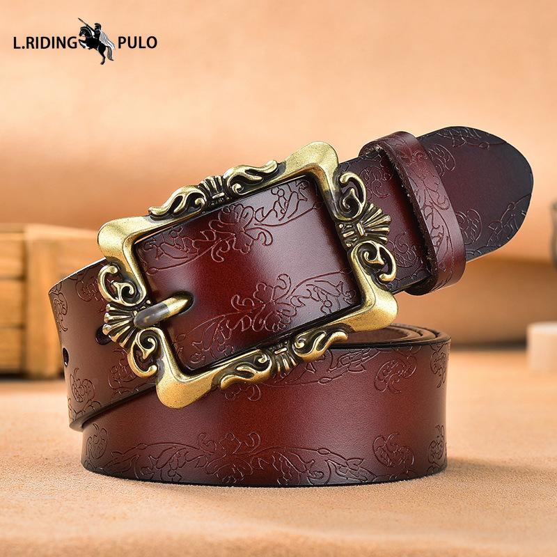 Vintage Genuine Leather Belt Ladies Pin Buckle Embossed Belt Cowhide Korean Style All-match Pants Belt