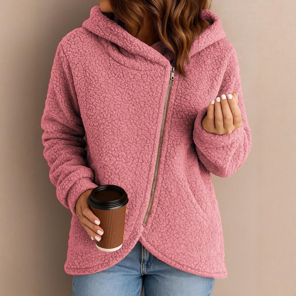 Women's Loose Fashion Lambswool Long Sleeve Zippered Hooded Sweatshirt Jacket
