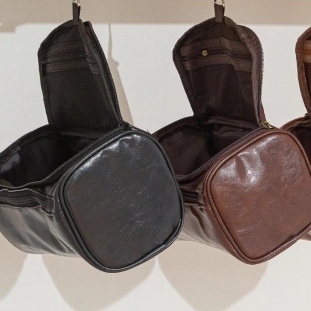 Large Capacity Cosmetic Makeup Bag PU Leather Storage Handbag Hanging Toiletry Bag Husband