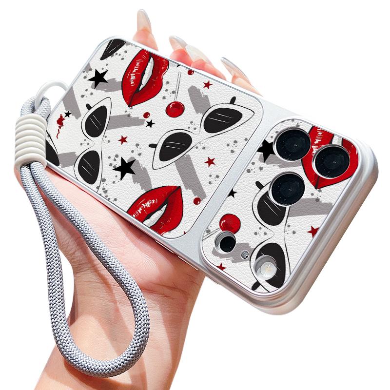 Leopard Kiss Lips Leather Lanyard Case For iPhone 18 Pro Max 17 16 15 14 13 Pro Max Luxury Hybrid TPU+PU Anti-skid Soft Phone Cover