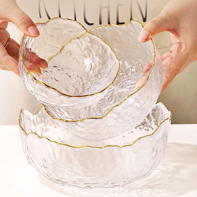 Nordic Gold-Rimmed Glass Salad and Fruit Bowl Set