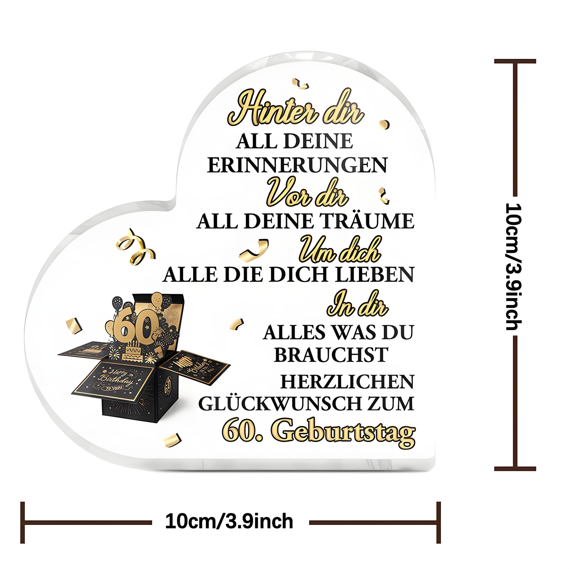 1pc 60th Birthday Heart-Shaped Acrylic Centerpiece - Golden & Black German Text Table Decor with Number 60, Milestone Age Party Decoration 10*10cm