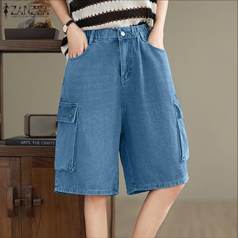 

ZANZEA Women Casual Elastic Waist Solid Color Fifth Pants S синий