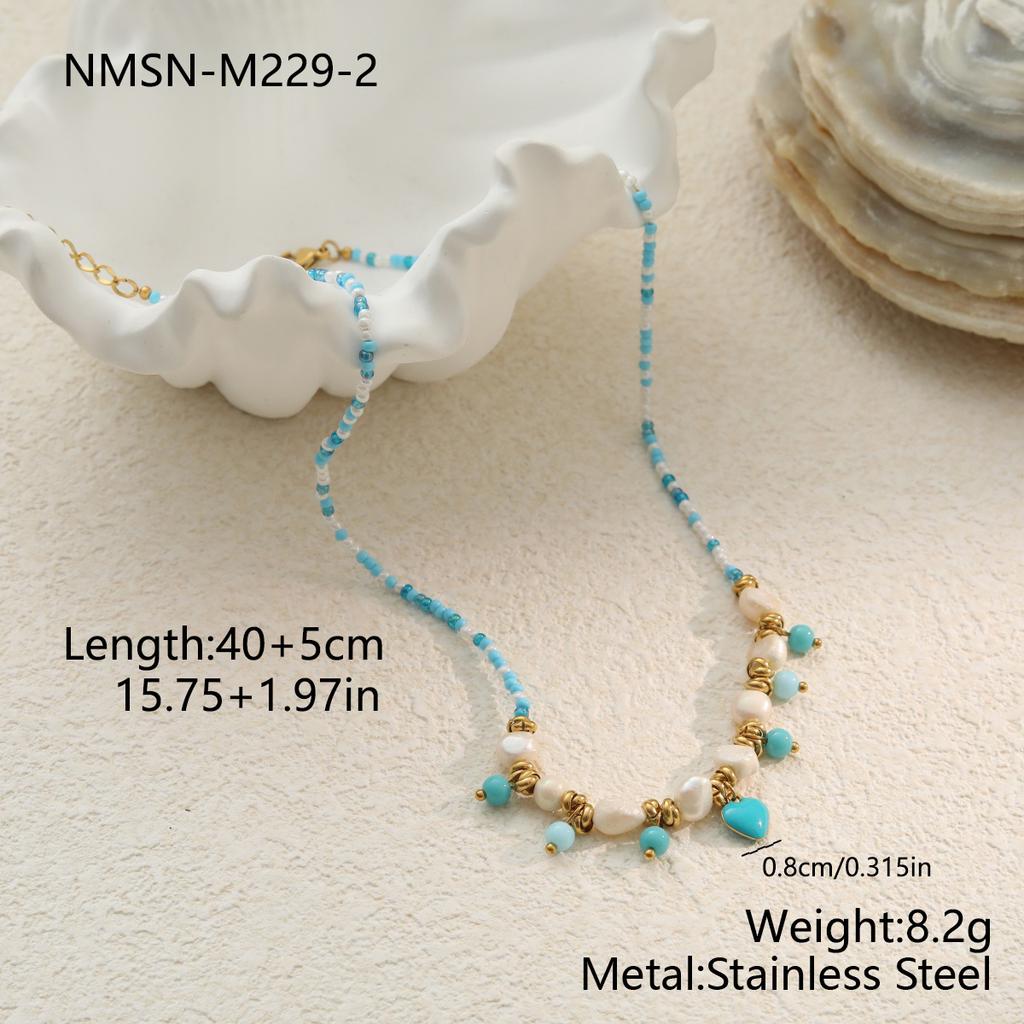 GEMCHIC Women's Ocean Style Blue Green Fish Heart Beaded Necklace Stainless Steel Layered Choker Jewelry