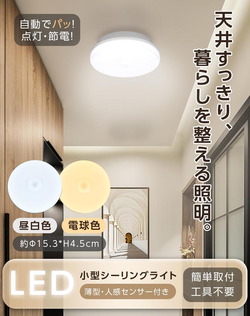[hidemasa] Compact Ceiling Light with Motion Sensor, Light Sensor, Outlet, Automatic OnOff, Brightness Sensing, Night Light, Slim, Indoor Lighting