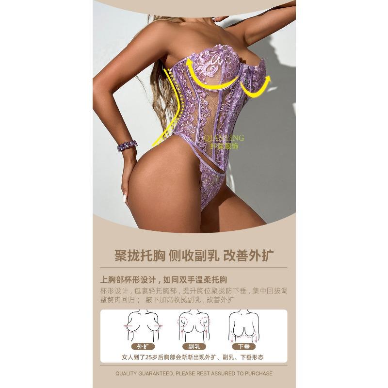 Women Sexy Purple Lace Hollow Out Perspective Boned Corset Waist Cincher Body Shaper