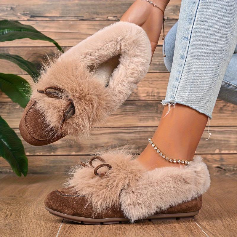 Women's Plush Slip-On Slippers with Bow - Winter Indoor/Outdoor House Shoes, Soft Cushioned TPR Sole & Plush, White/ Beige/ Brown/Dark Grey/Dark Blue