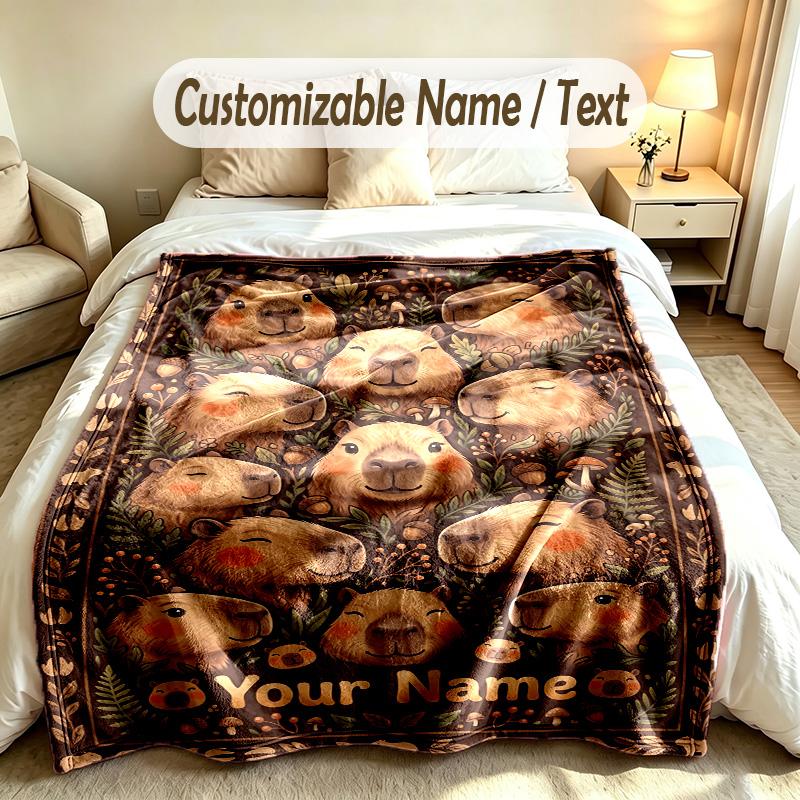 Capybara Theme Soft Blanket Personalized Custom Name Text Print Warm Blanket Home Sofa Bedroom Decor