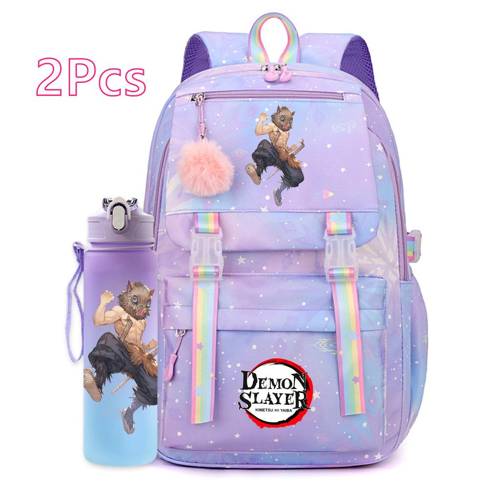 2Pcs/set Cartoon Demon Slayer Printed Backpack with 750Ml Water Bottler for Teenager Girl Boy Large Capacity Waterproof Bookbag Travel Bag Gift