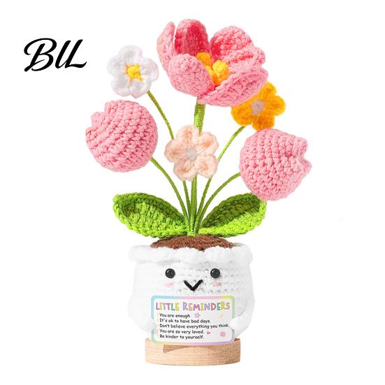 Never Fading Flower Positive Crochet Tulip Wildflower Thank You Gifts for Women Mom Friends Handmade Floral Keepsake Potted Doll with Card Emotional