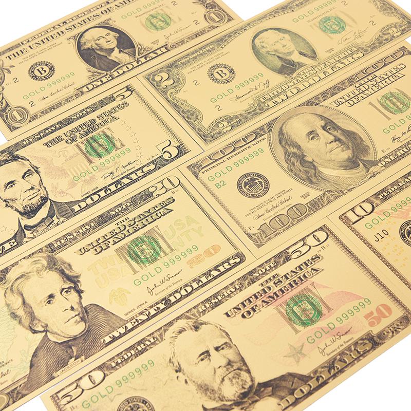 7Pcs//Set Gold Foil US Dollar Fake Banknote Money Commemorative Collection
