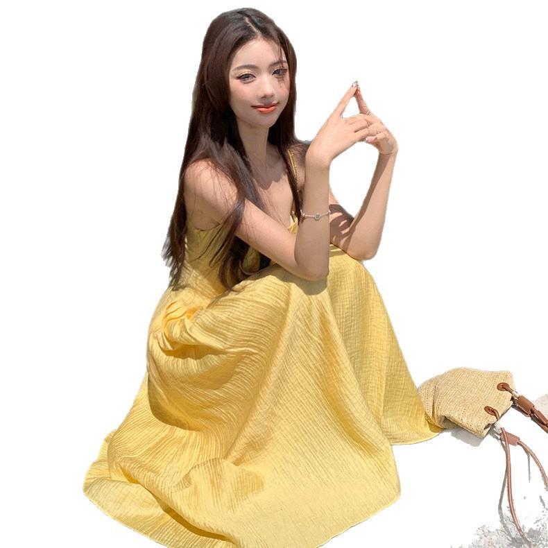 Summer New French Small Yellow Suspender Dress Women's Clothing Waist Temperament Long Dress Seaside Vacation Skirt