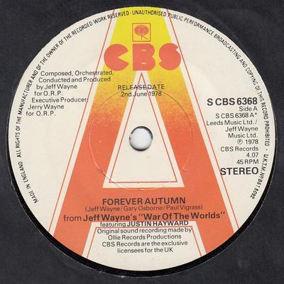 7inch Record JEFF WAYNE - Forever Autumn SCBS6368PROMO CBS 1978 UK Rock Used