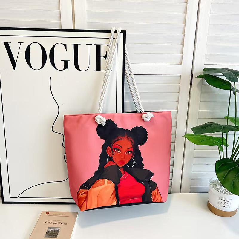 Versatile Women's Large Capacity Foldable Tote Bag with Zipper - Cross-Border Fashion, Printed Single-Shoulder, Perfect for Shopping or Beach.
