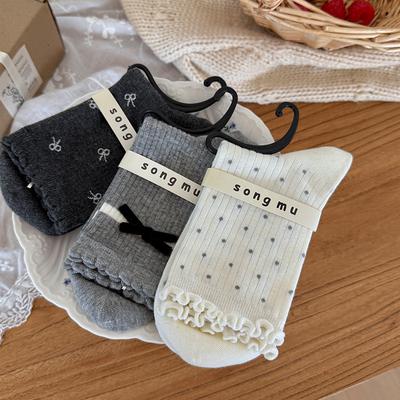 Série Grise Songmu "Chaussettes Sans Couture, Chaussettes Mi-haut, Chaussettes Bouclette Nœud Papillon Fille Coréenne"