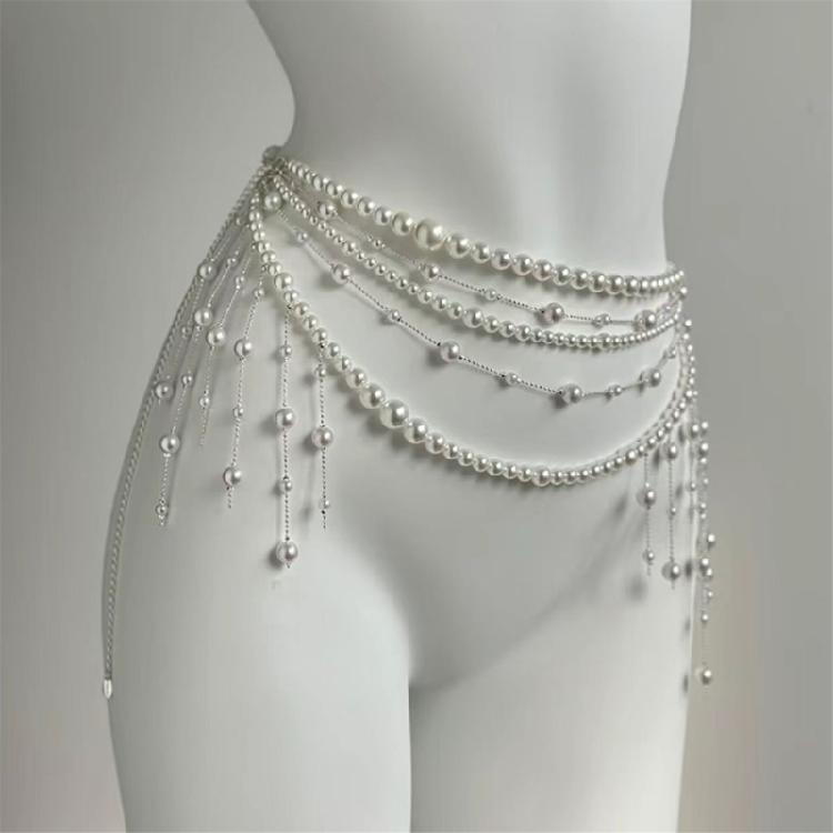 Multitier Pearls Fringe Body Chain Belt for Women Vintage 90s Costume Jewelry Waist Decoration for Evening Gowns