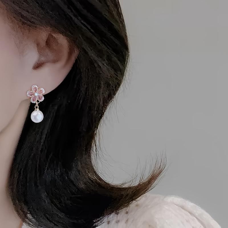 1 Pair Elegant Flower Pendant Earrings Rhinestone Imitation Pearl Sweet Alloy Earring Daily Holiday Wear Women Jewelry Accessory
