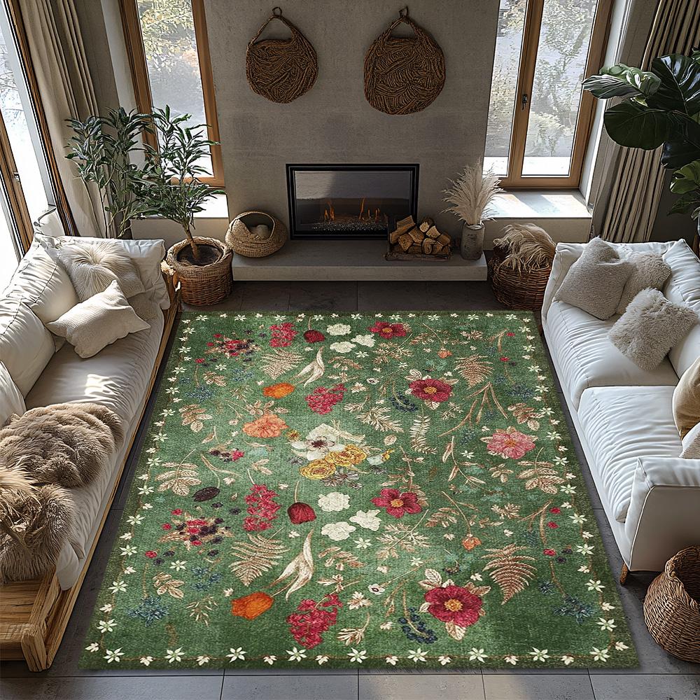 Green Floral Bohemian Area Rug, Multicolor Pattern Non-Slip Carpet, Cozy Living Room Mat for Natural Home Decor