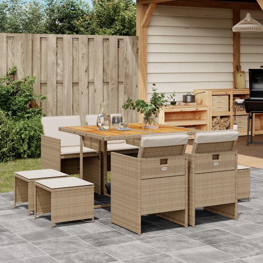 Vidaxl 9-Cz. Garden Furniture Set With Cushions, Beige, Poly Rattan