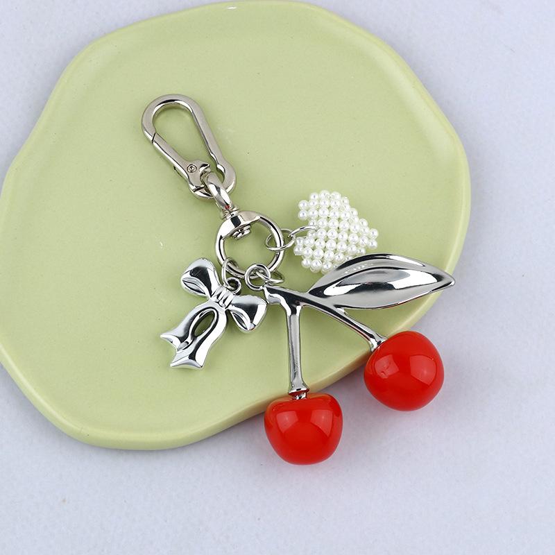 

Metal Bow Red Cherry Keychain Summer Fruits Cherries Pearl Heart Pendant Keyring For Women Men Jewelry Bag Key Accessories Gift