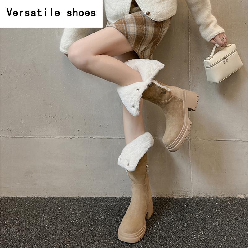 Winter Chunky Women Mid Calf Boots Fashion Warm Cotton Knight Long Booties Square Heels Party Dress Ladies Shoes