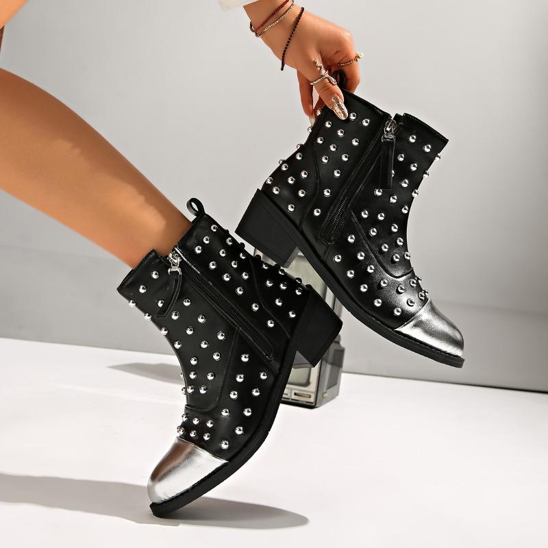 Retro Pointed Toe Western Cowboy Boots  Fall New Skinny Rivet Side Zip Shorter Boots