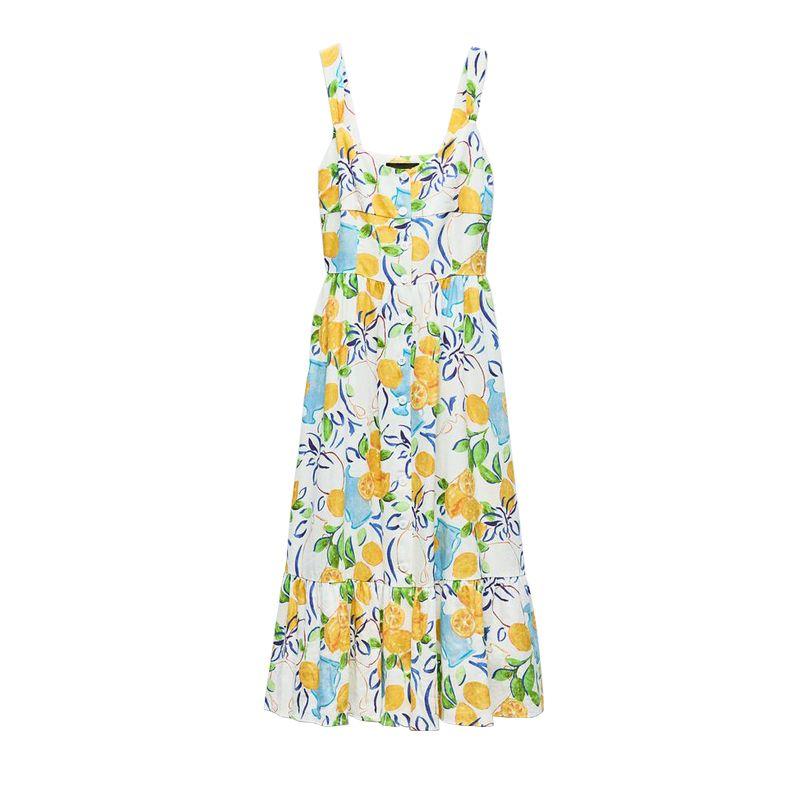 Spring New Sea Edge Vacation Style Round Neck Wide Shoulder Strap Linen Blend Print Midi Skirt Dress 3611306